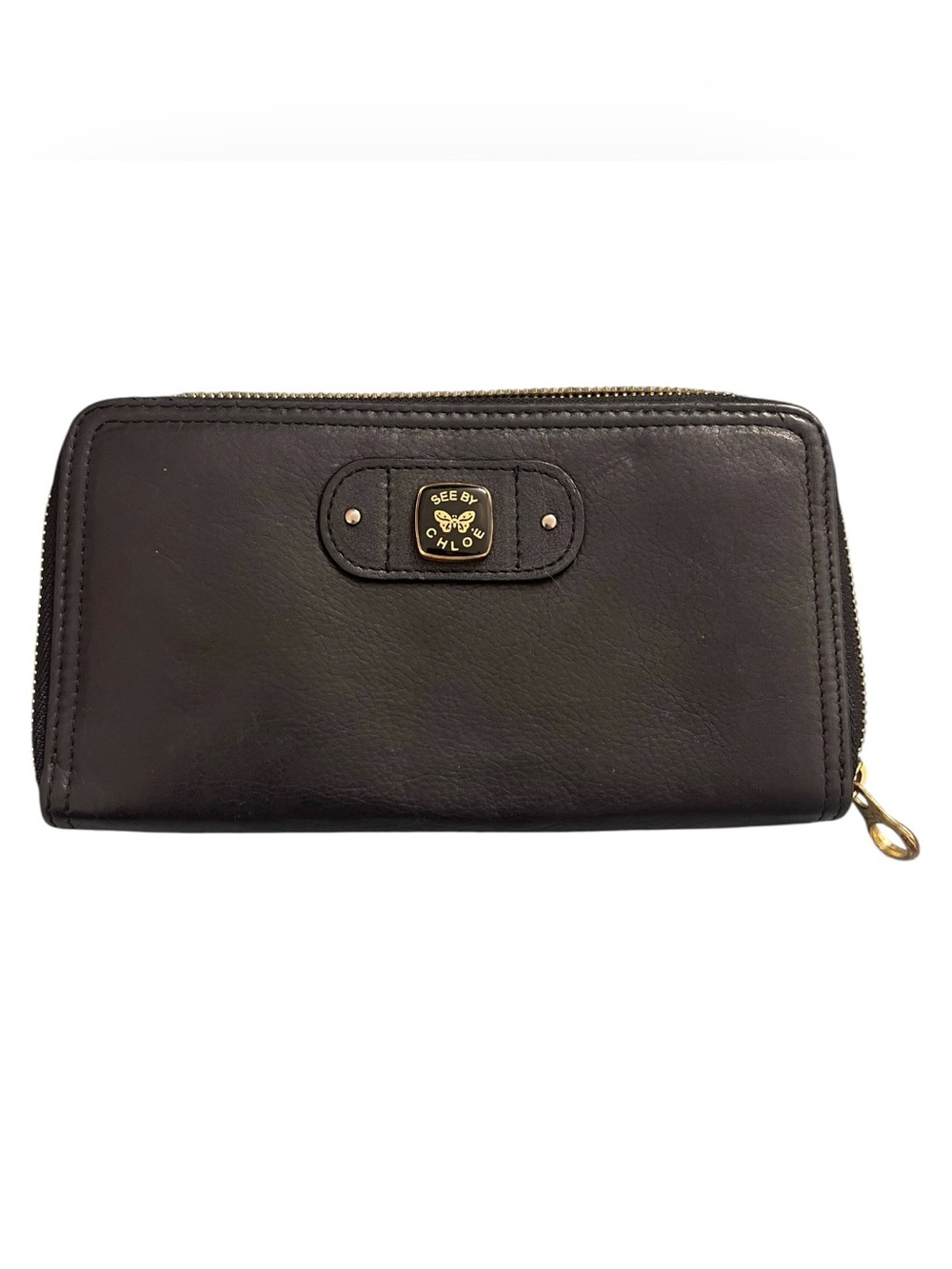 See By Chloe Black Leather Zip Wallet with Gold Hardware